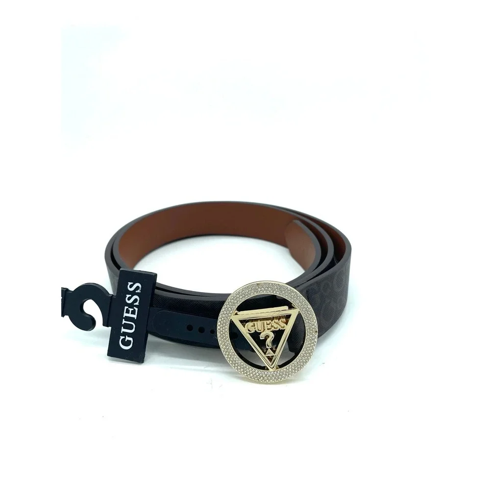 Guess Womens Monogram Logo Belt Brown Gold Rhinestone Triangle Buckle New